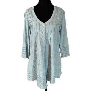 Soft Surroundings Light Blue Cotton Gauze Embroidered Crochet Lace Tunic Top PS